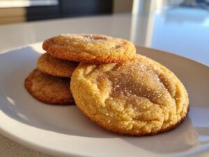 A stack of three golden brown butter sugar cookies coated in sparkling sugar, photographed in bright sunlight.