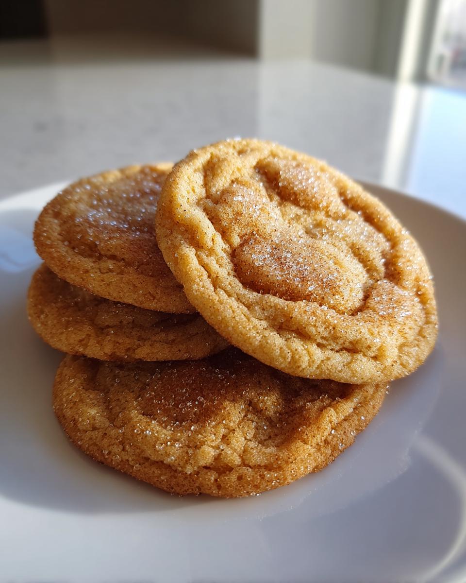 A stack of three golden brown butter sugar cookies coated in sparkling cinnamon sugar on a white plate.