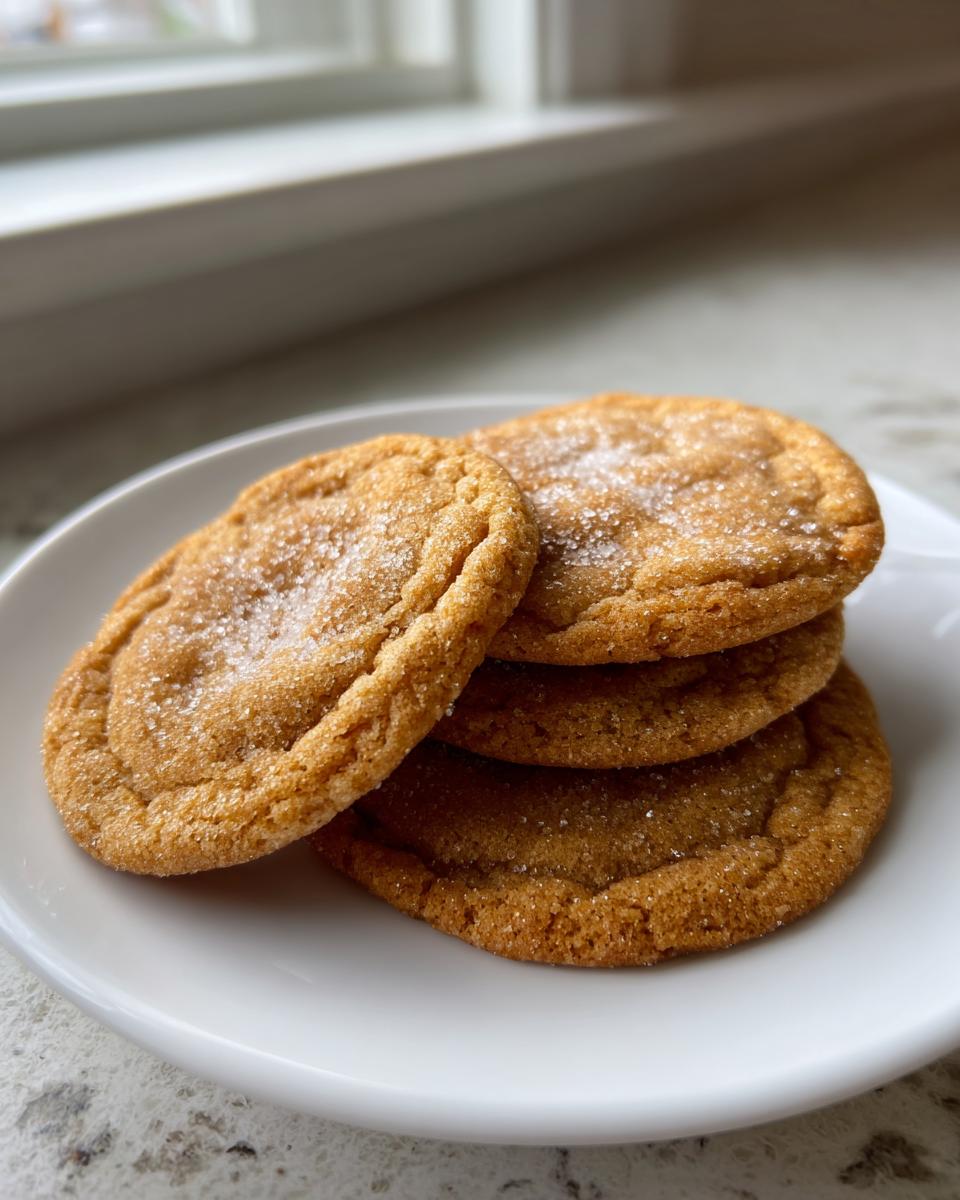A stack of three delicious brown butter sugar cookies dusted with coarse sugar, resting on a white plate.