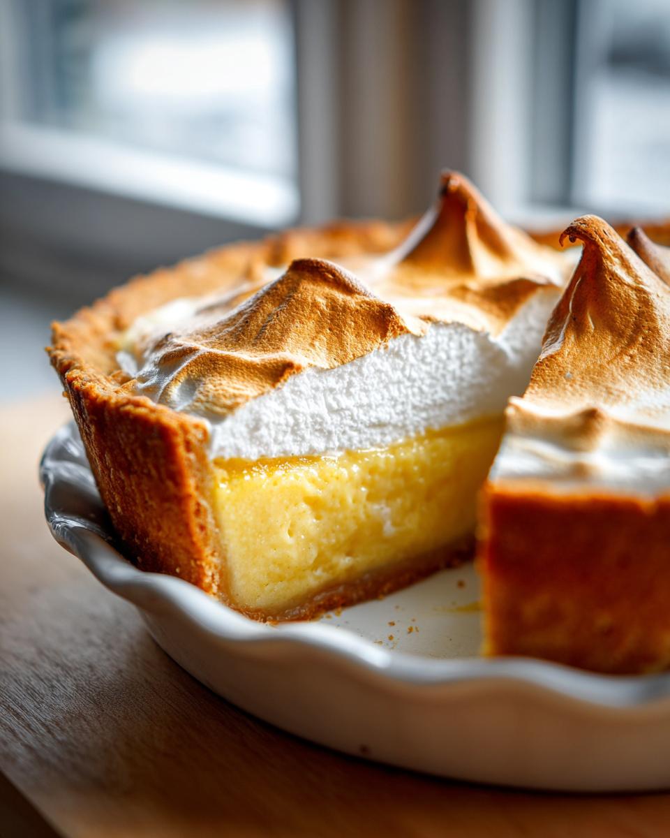 A close-up of a buttermilk pie with a thick, golden-brown toasted meringue topping, showing a slice removed.