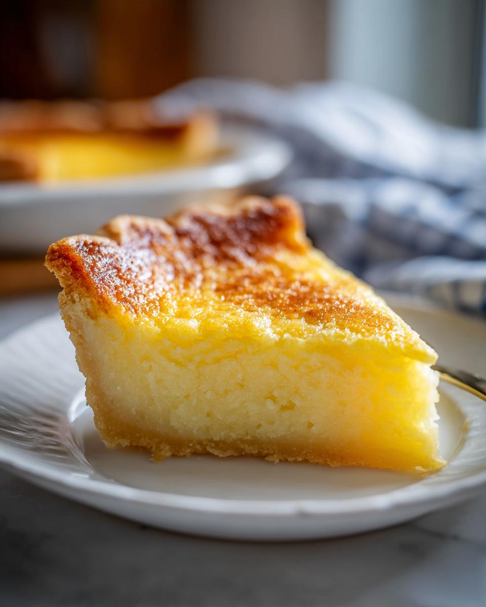 A close-up of a thick slice of rich, creamy buttermilk pie with a golden-brown, slightly caramelized top.
