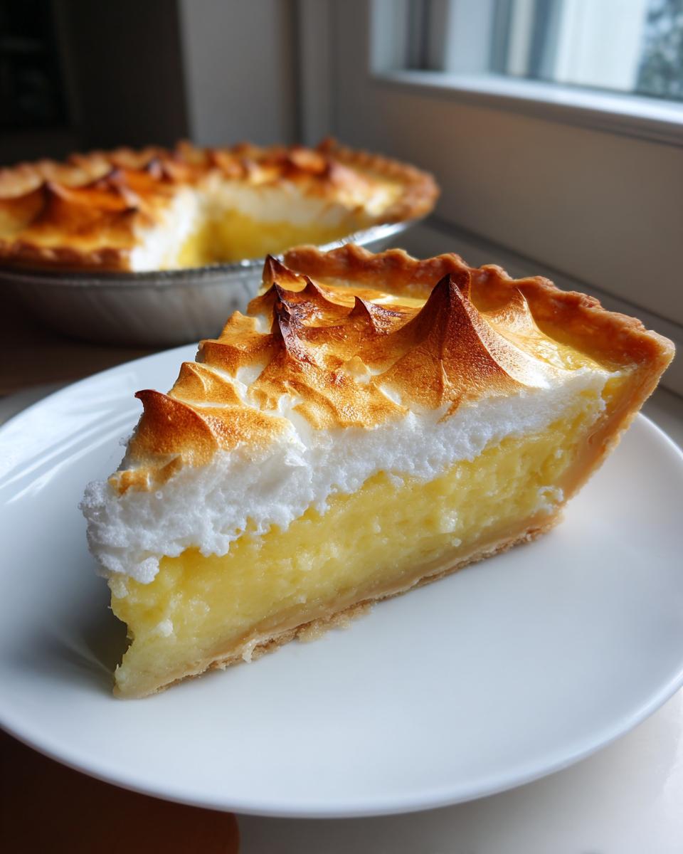 A close-up slice of rich, yellow buttermilk pie topped with toasted, peaked meringue, served on a white plate.
