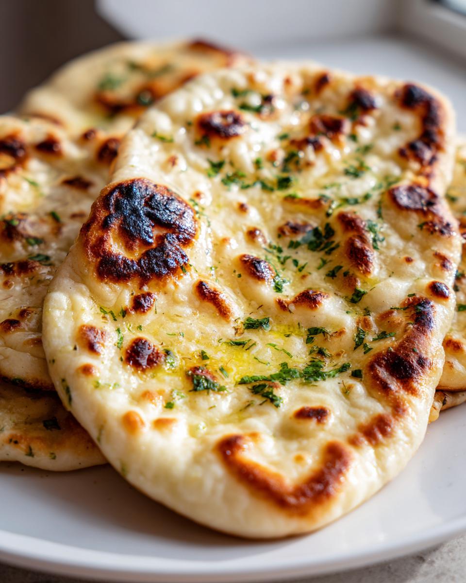 Close-up of freshly baked homemade naan bread brushed with melted butter and sprinkled with green herbs.