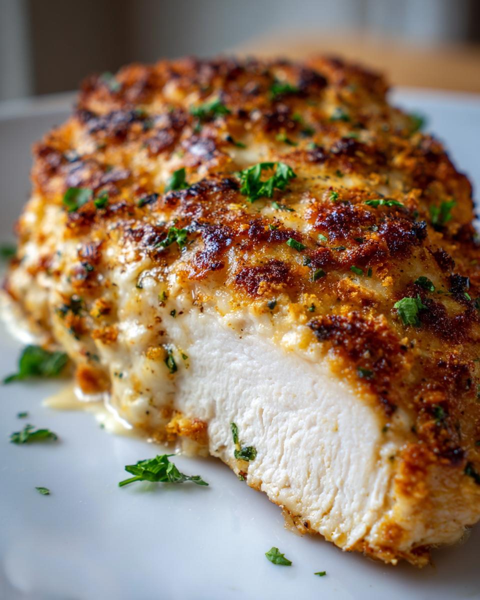 Close-up of a juicy, baked caesar chicken breast, showing the white interior and golden, herbed crust.