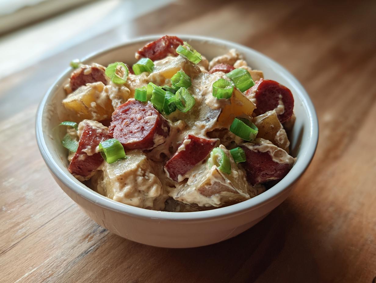 A close-up of a bowl filled with creamy Cajun potato soup chunks, sliced sausage, and green onions.