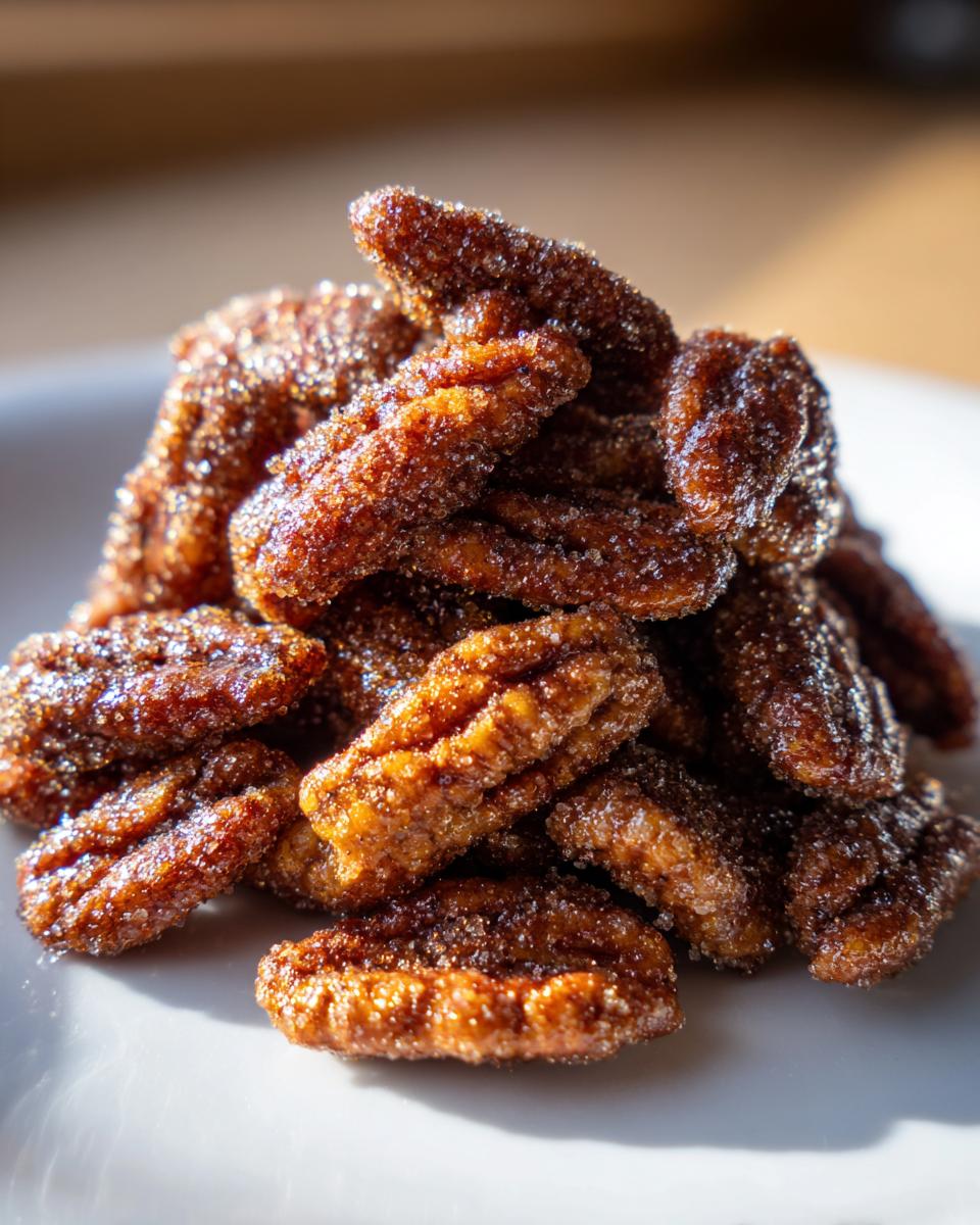 A close-up pile of glistening, sugar-coated candied pecans recipe nuts on a white plate.