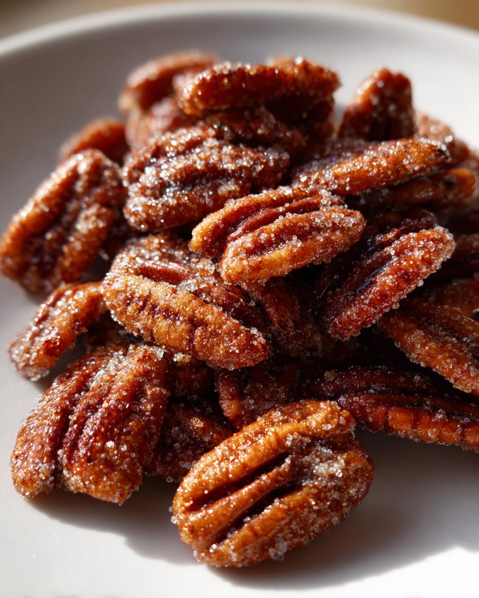 Close-up of a pile of freshly made candied pecans recipe, coated in sparkling sugar crystals.