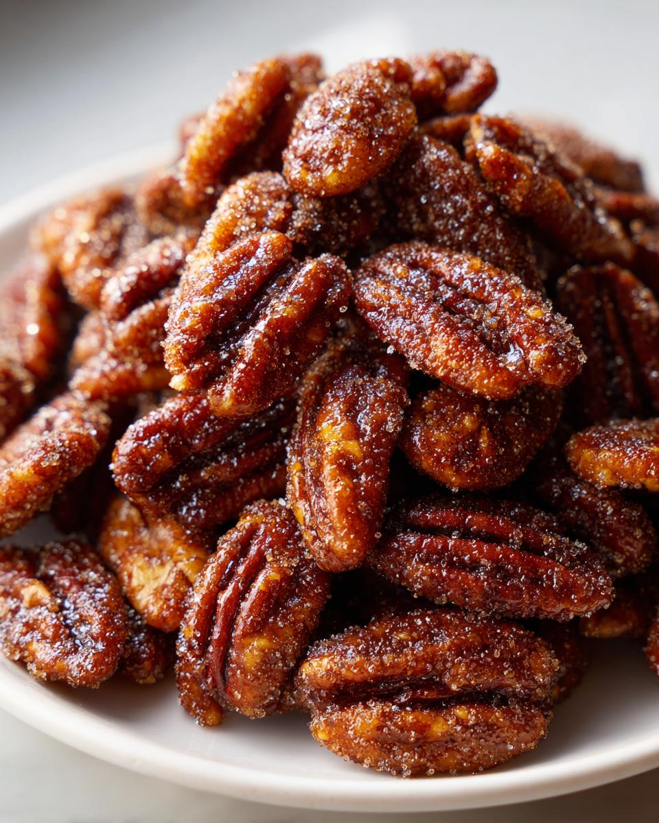 A close-up pile of shiny, sugar-coated candied pecans recipe on a white plate.