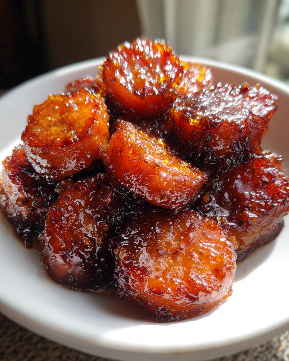Close-up of several thick slices of candied sweet potatoes coated in a dark, glossy, caramelized syrup.