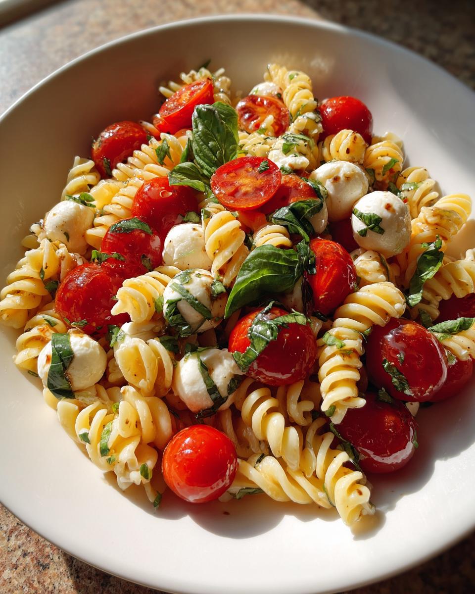 A close-up of a bowl filled with vibrant caprese pasta salad featuring fusilli, cherry tomatoes, and small mozzarella balls.