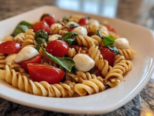 A close-up of fusilli pasta tossed in a balsamic glaze with cherry tomatoes, mozzarella balls, and fresh basil in a white bowl, showcasing the caprese pasta salad.