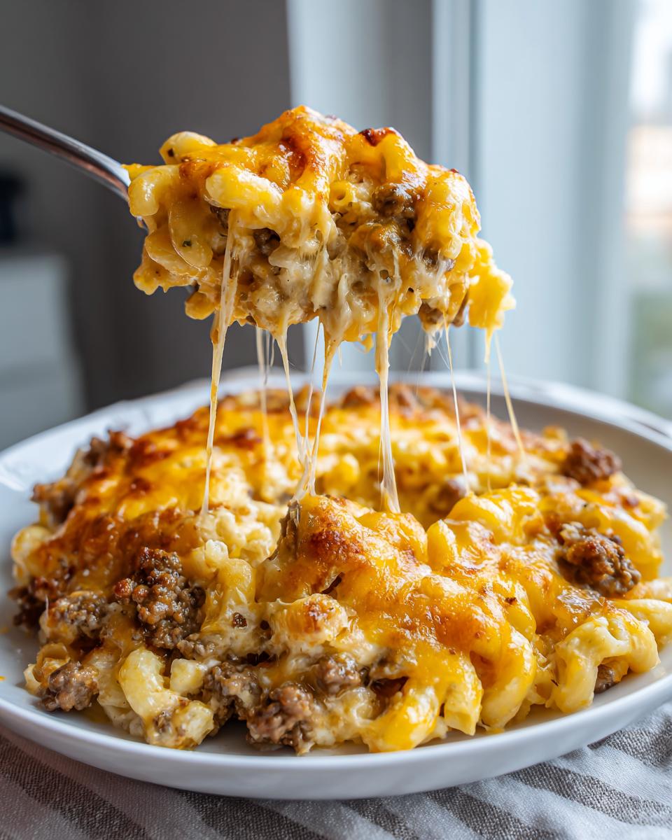 A spoonful of amazing cheeseburger casserole showing melted, stringy cheese pulling away from the main dish.