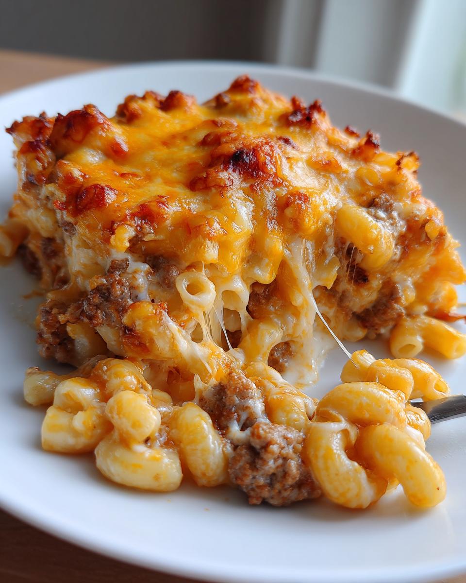A gooey serving of cheeseburger casserole featuring macaroni, ground beef, and melted cheddar cheese with a visible cheese pull.