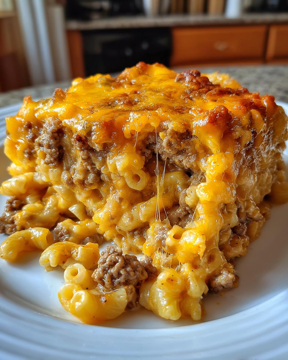 A close-up serving of cheeseburger casserole featuring elbow macaroni, ground beef, and a thick, melted cheddar cheese topping.