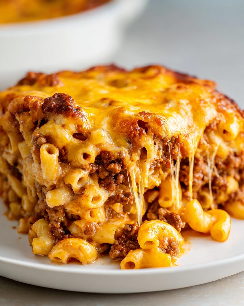 A close-up of a hearty slice of cheeseburger casserole featuring macaroni, ground beef, and melted, stretchy cheddar cheese.