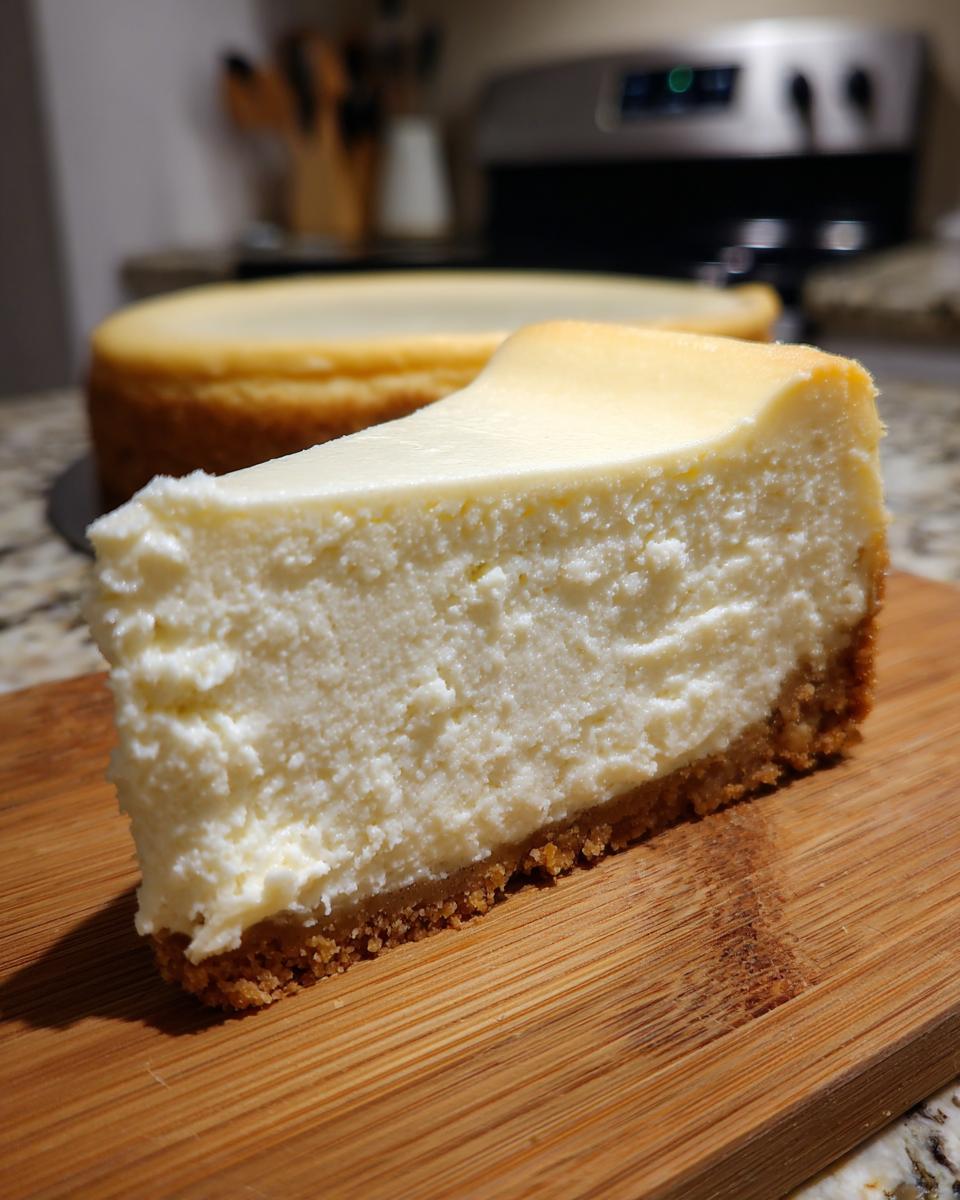 A thick, creamy slice of cheesecake with a graham cracker crust, part of a whole cheesecake recipe visible in the background.