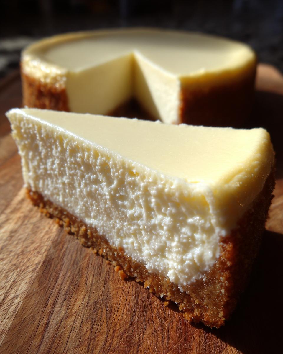 A close-up, perfectly smooth slice of cheesecake from an amazing cheesecake recipe sits on a wooden board.