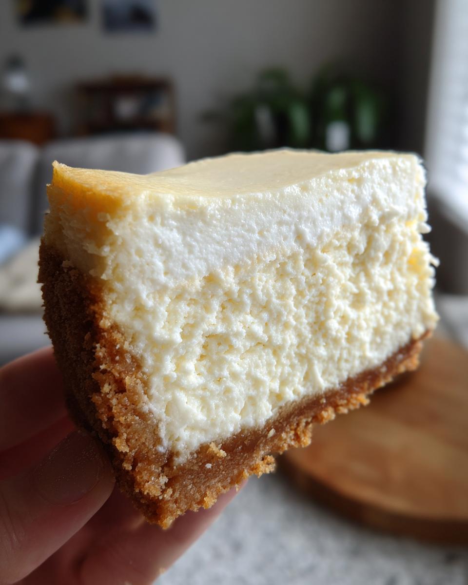 Close-up of a perfectly baked slice of cheesecake recipe held up, showing creamy filling and thick graham cracker crust.
