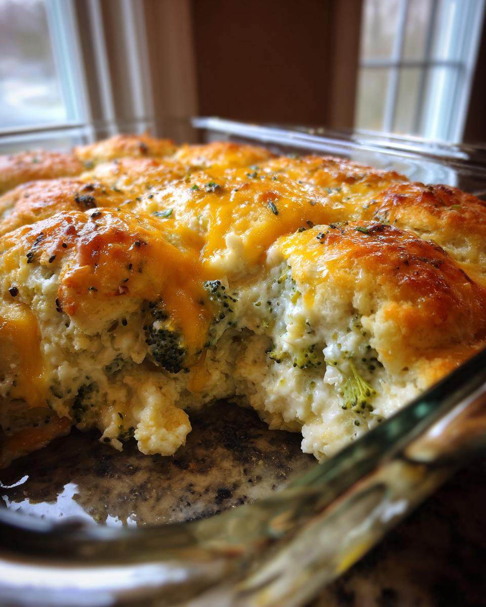 Close-up of a creamy, baked broccoli casserole with melted cheddar cheese and herbs.