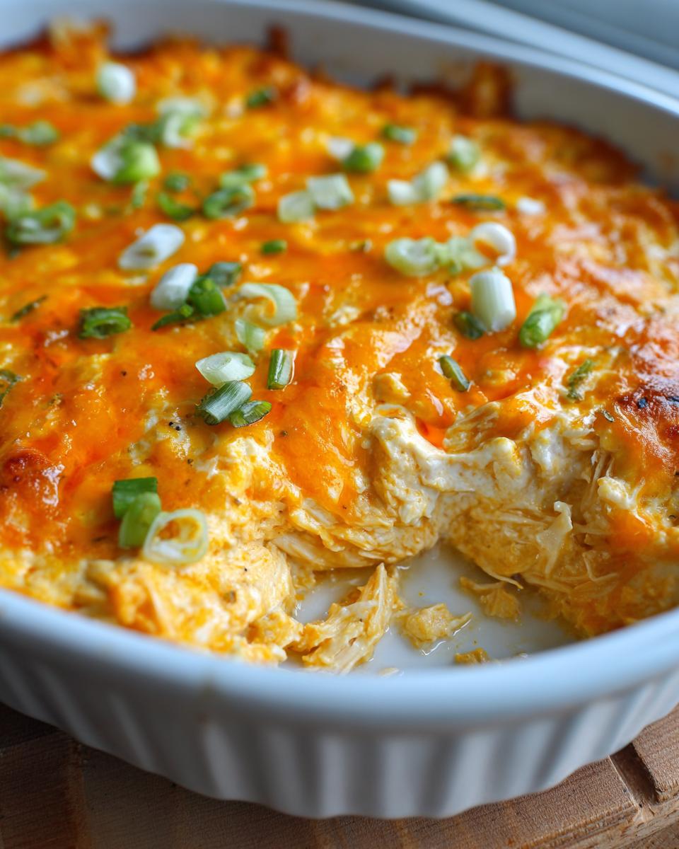Close-up of hot, cheesy Buffalo chicken dip in a white baking dish, topped with melted cheddar and sliced green onions.