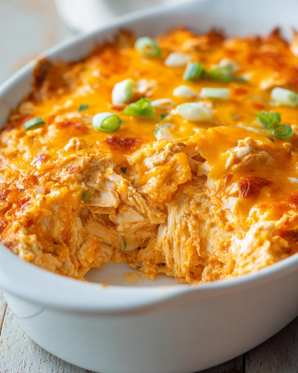 A serving spoon has taken a scoop out of the hot, cheesy Buffalo chicken dip topped with melted cheddar and green onions.