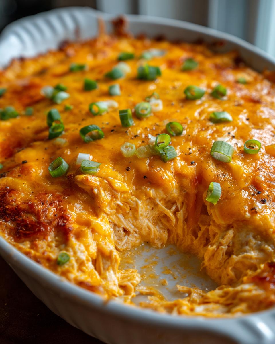 A scoop has been taken out of a hot, cheesy Buffalo chicken dip topped with melted cheddar and fresh green onions.