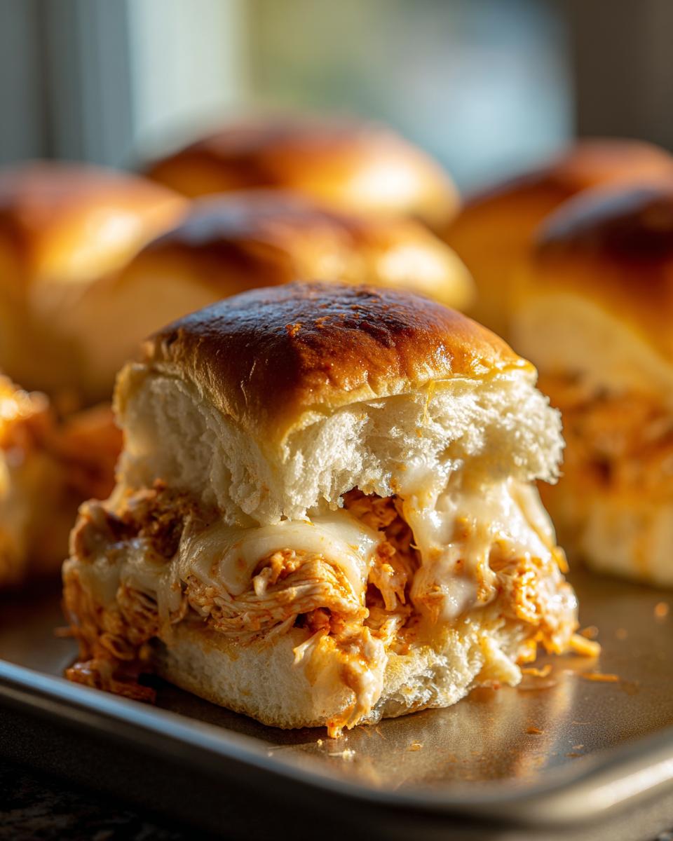 Close-up of a gooey, cheesy buffalo chicken sliders sandwich pulled apart, showing shredded chicken filling.