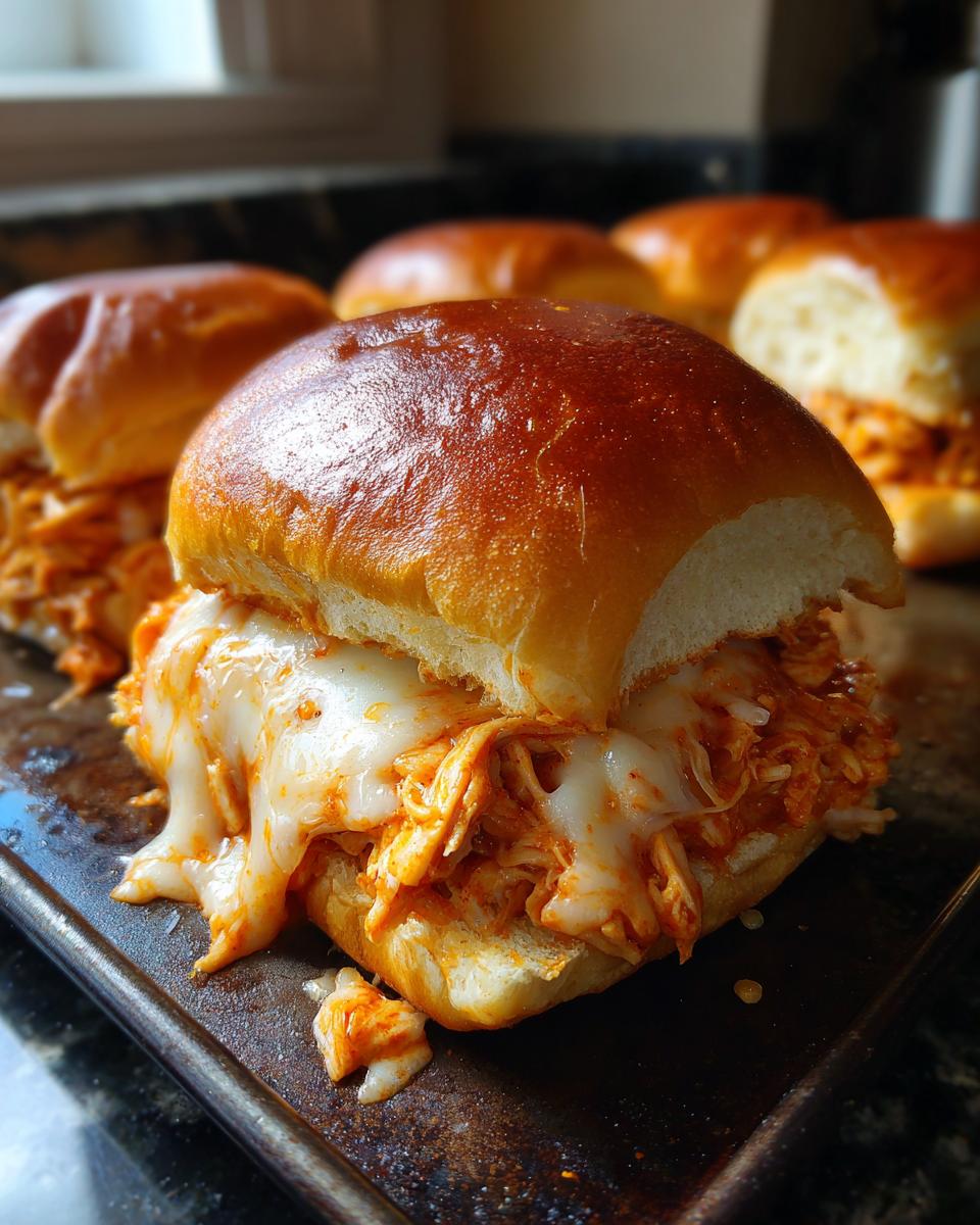 Close-up of a gooey, cheesy buffalo chicken sliders sandwich with a shiny brioche bun.
