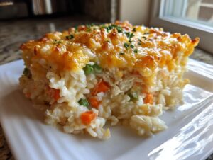 A square serving of creamy Chicken and rice casserole topped with melted, browned cheese and parsley.