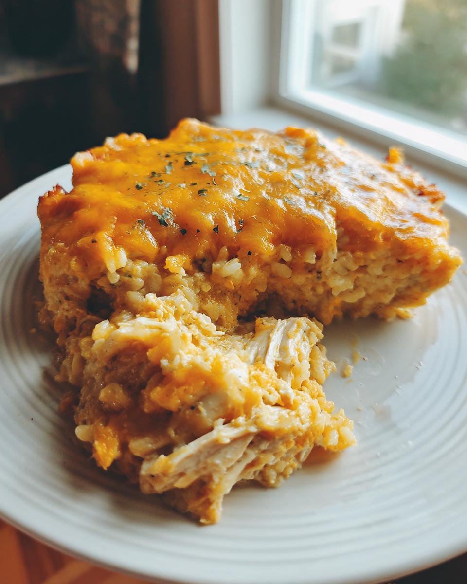 A serving of creamy, cheesy chicken and rice casserole topped with melted cheddar cheese.