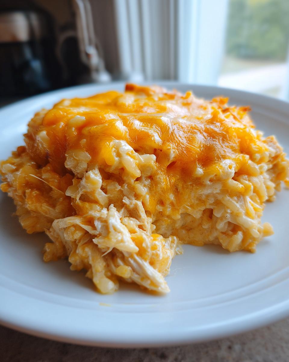 A close-up serving of cheesy chicken and rice casserole topped with melted cheddar cheese.