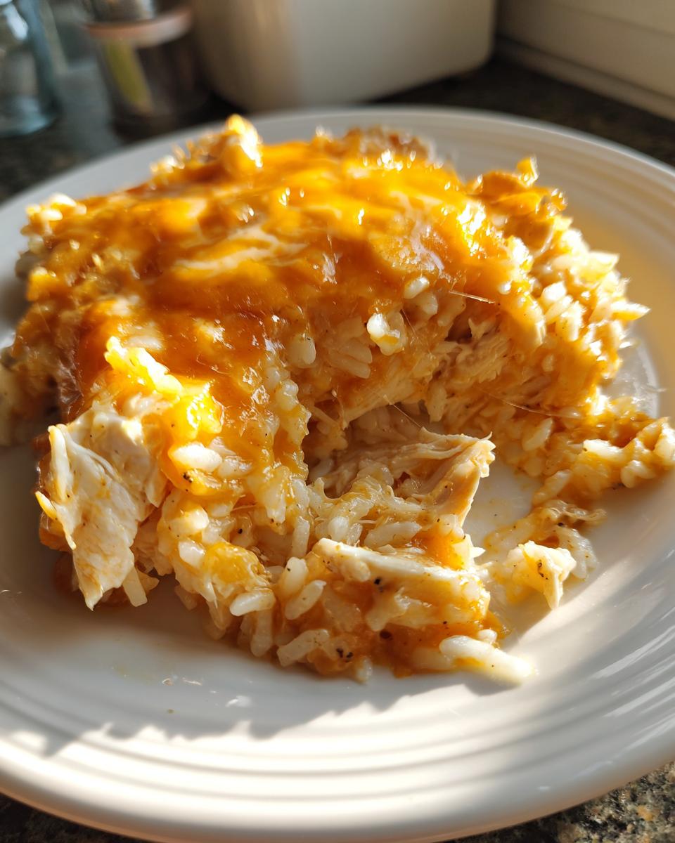 A close-up serving of cheesy chicken and rice topped with melted orange cheddar cheese on a white plate.