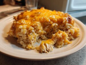 A generous serving of cheesy chicken and rice casserole topped with melted cheddar cheese on a light plate.