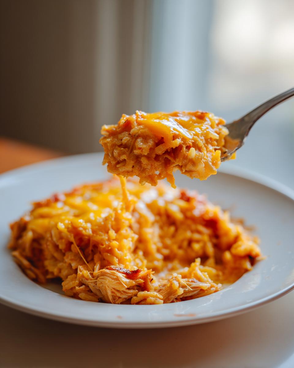A spoonful of creamy, cheesy chicken and rice is lifted from a plate, showing melted orange cheese stretching between the fork and the main dish.