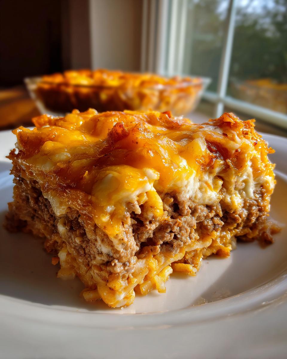 A thick, layered slice of Dorito Casserole featuring ground meat and melted orange and white cheese topping.