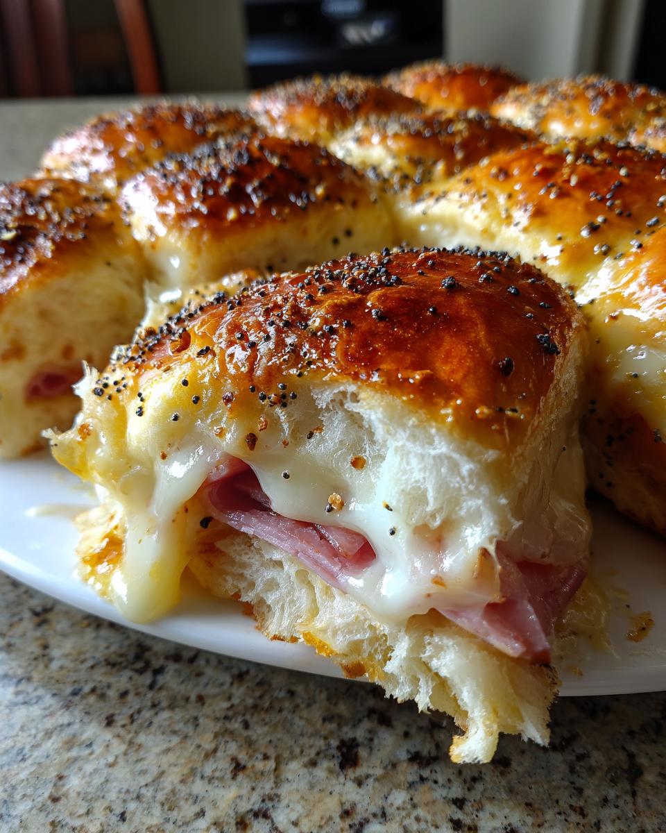 Close-up of a freshly baked Ham and Cheese Sliders, showing melted cheese oozing out with ham inside a poppy seed topped bun.