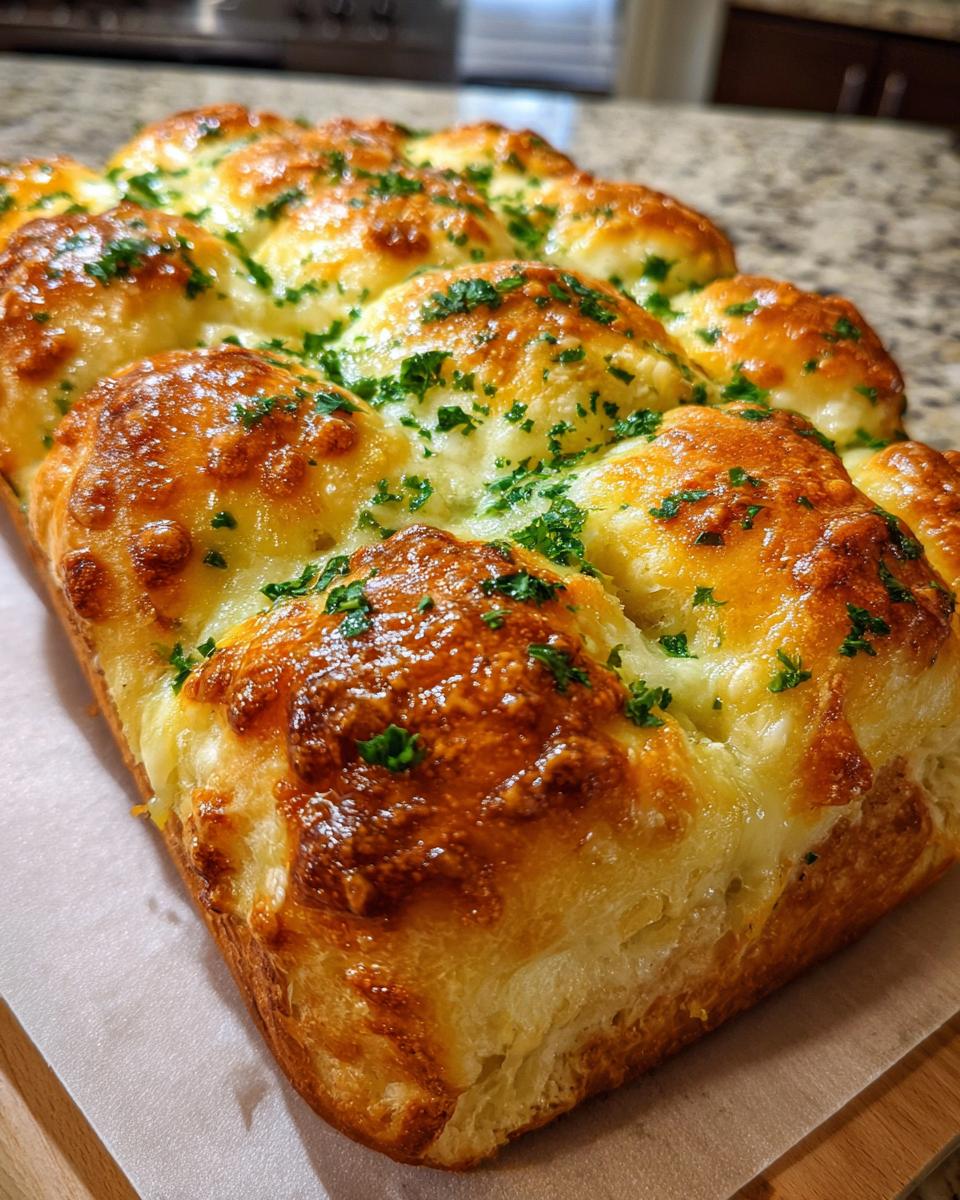 Close-up of golden brown, cheesy hawaiian roll garlic bread topped with melted butter and fresh parsley.