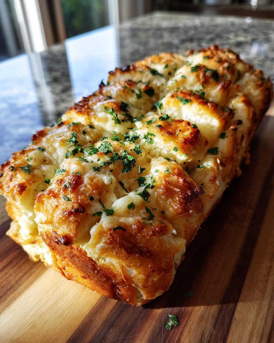 A loaf of cheesy, pull-apart hawaiian roll garlic bread topped with melted cheese and fresh parsley.