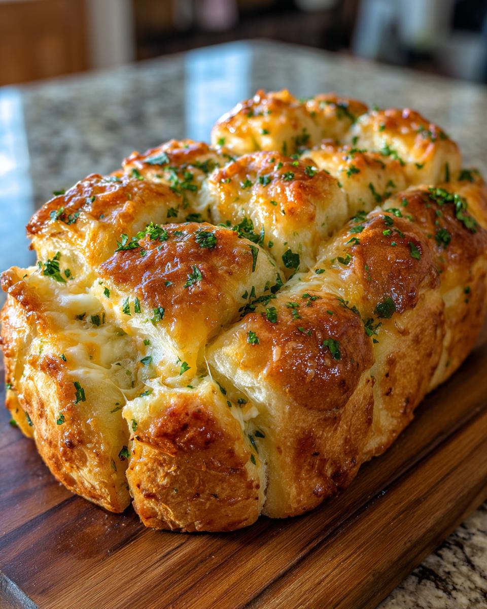 A loaf of cheesy hawaiian roll garlic bread, golden brown and topped with fresh parsley.