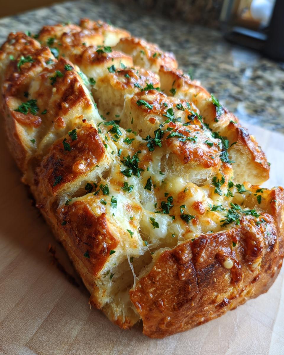 Close-up of baked hawaiian roll garlic bread, cheesy, gooey, and topped with fresh parsley.