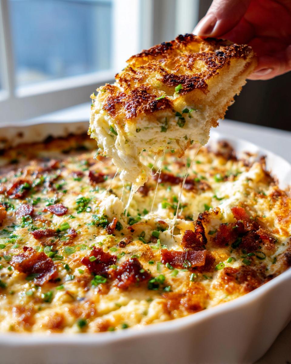 A hand dipping toasted bread into hot, cheesy Jalapeño popper dip topped with bacon bits and chives.