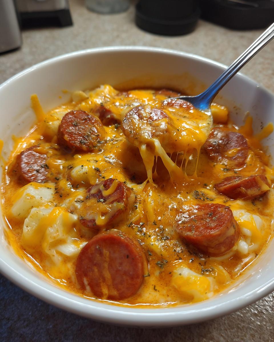 A close-up of a bowl of creamy kielbasa potato soup topped with melted cheddar cheese and herbs.