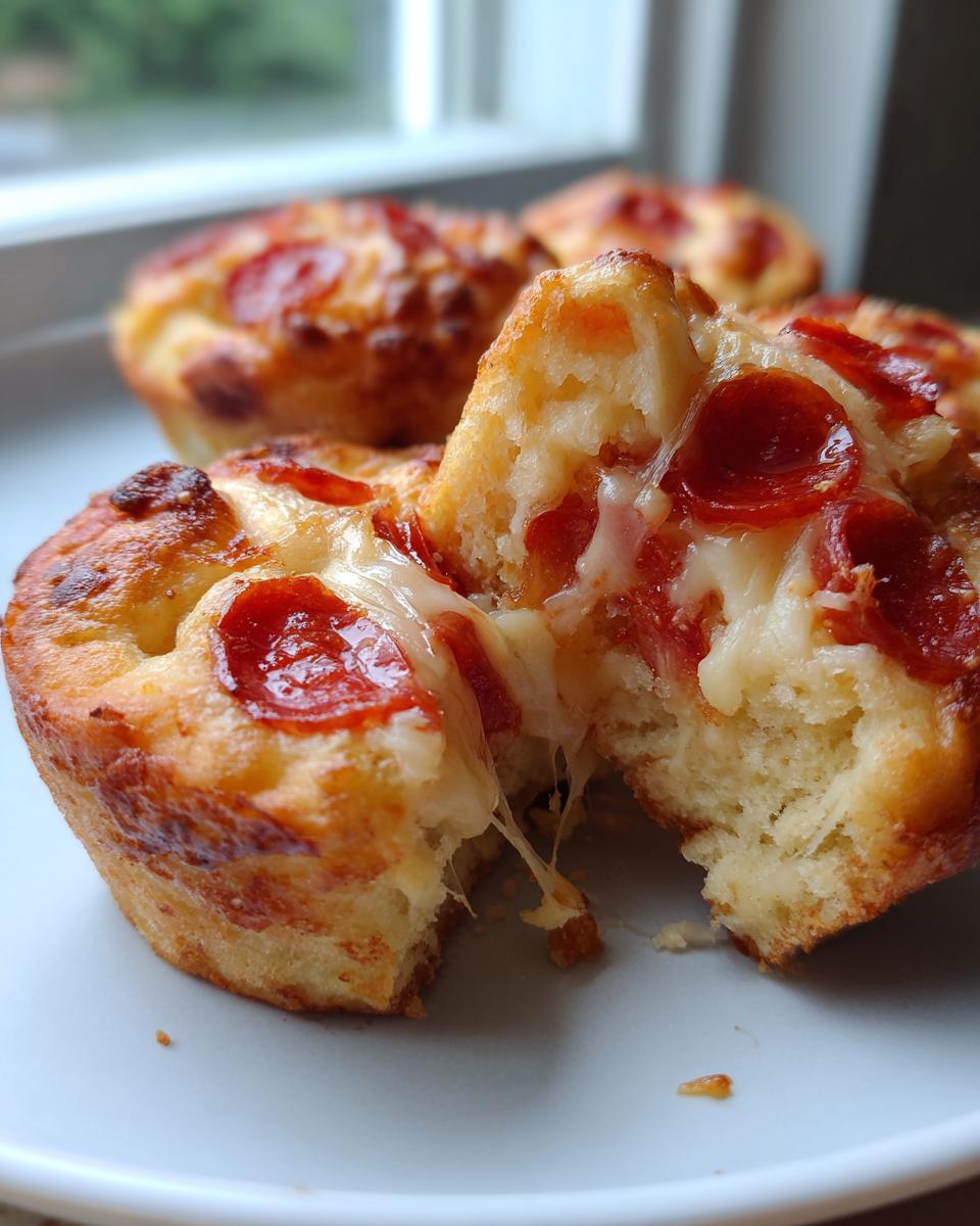 Close-up of a pepperoni pizza muffin broken in half, showing melted, stringy cheese and pepperoni topping.