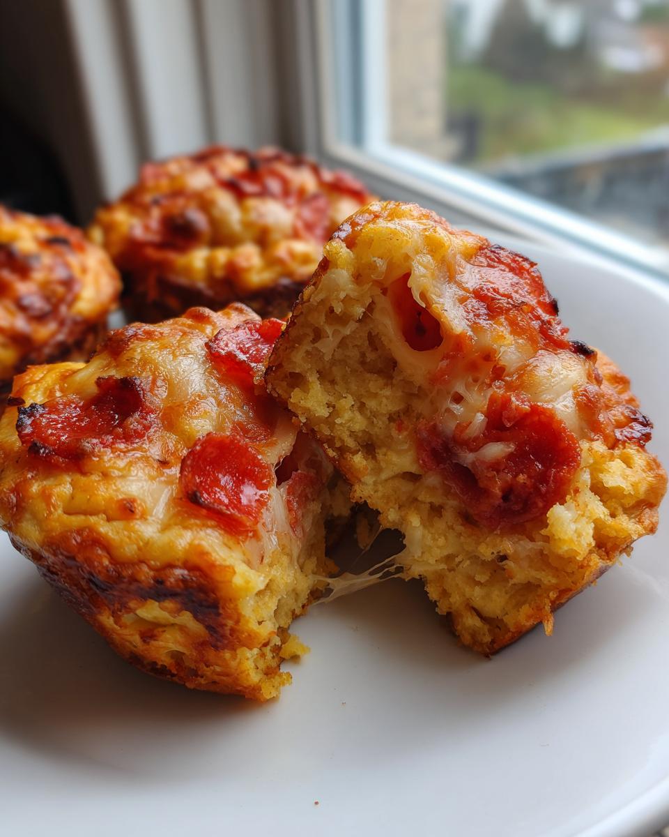 One of the pizza muffins is broken open, showing melted cheese stretching between the halves, topped with pepperoni.