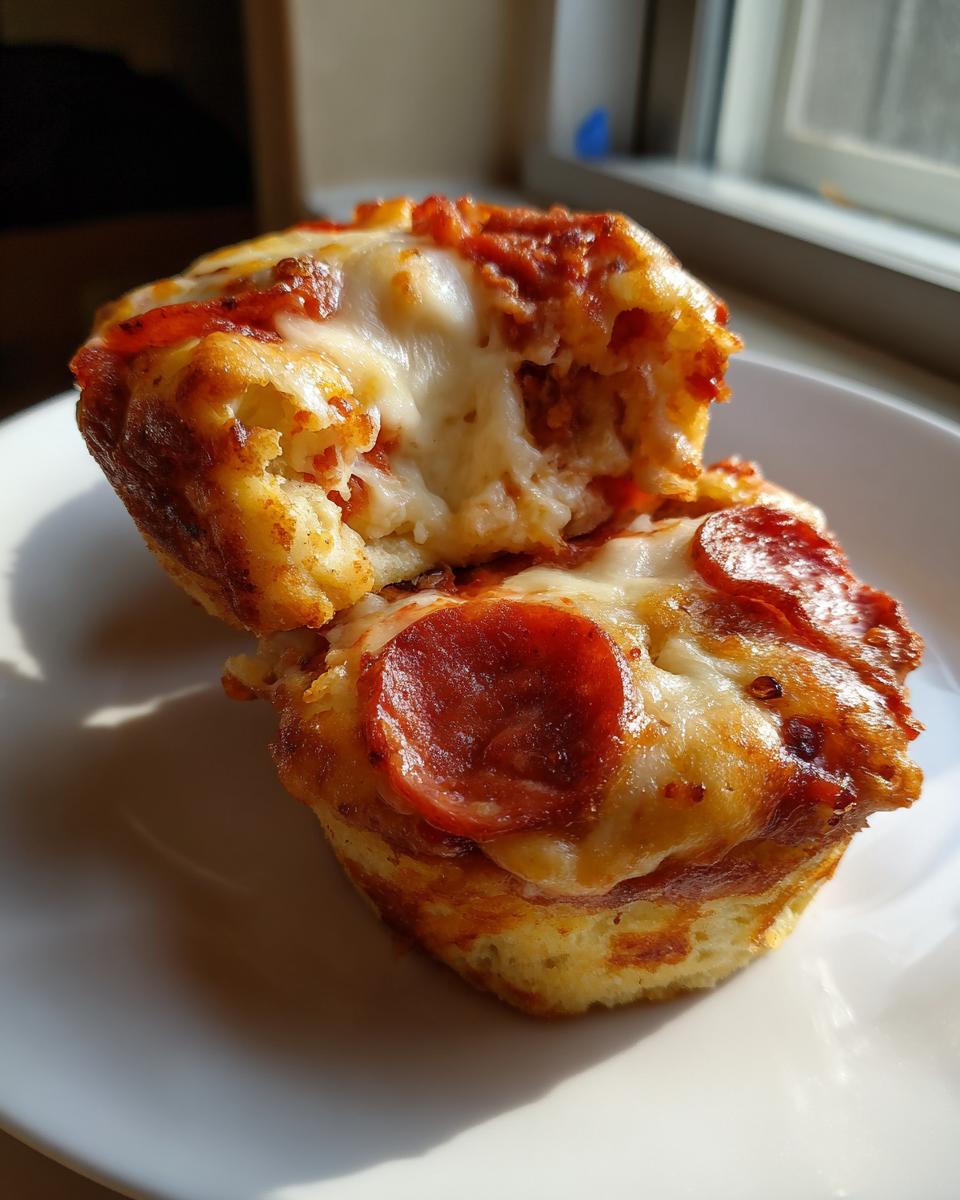 Close-up of a pepperoni pizza muffin cut in half, showing melted cheese pull and soft interior.