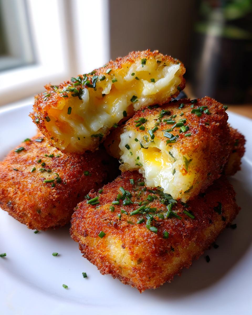 Close-up of golden brown potato croquettes, one is broken open revealing a melted cheese center.