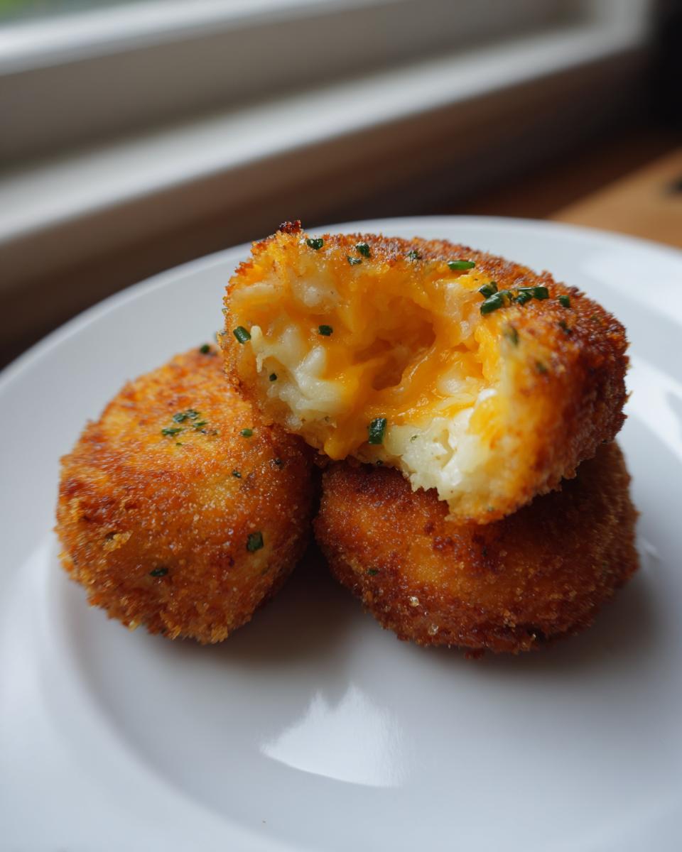 Three golden brown, crispy potato croquettes stacked on a white plate, one is broken open showing melted cheddar cheese inside.