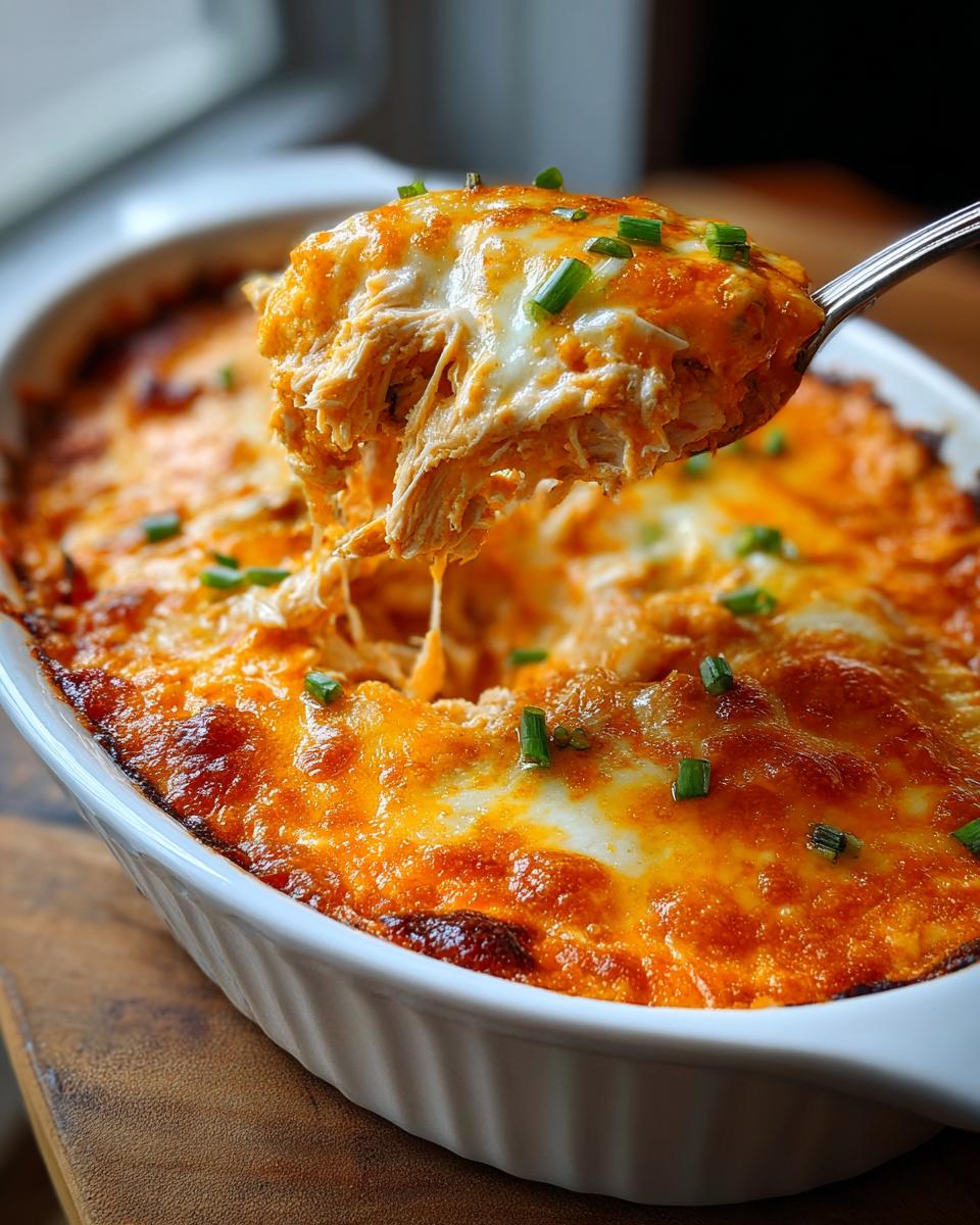 A spoonful of hot, cheesy Buffalo chicken dip being lifted from a white baking dish, topped with chives.