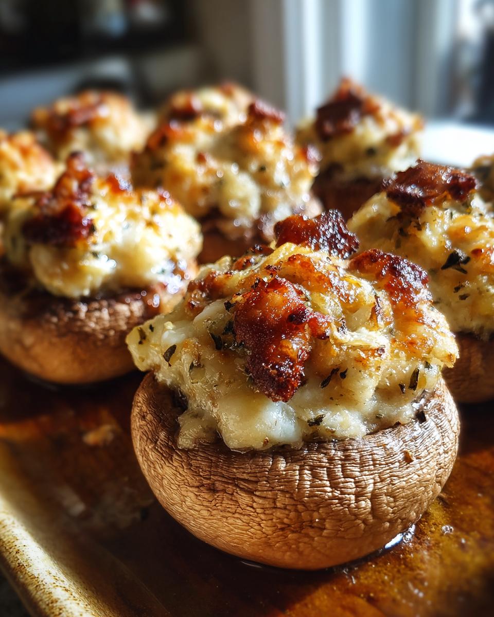 Close-up of baked stuffed mushrooms with a golden, cheesy topping and crispy bacon bits, showcasing the texture of the stuffed mushrooms.