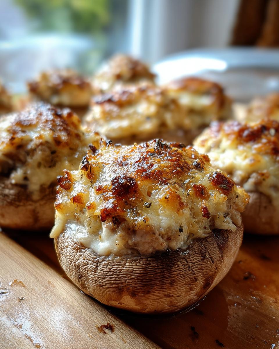 A close-up of freshly baked stuffed mushrooms with a golden-brown, melted cheese topping.